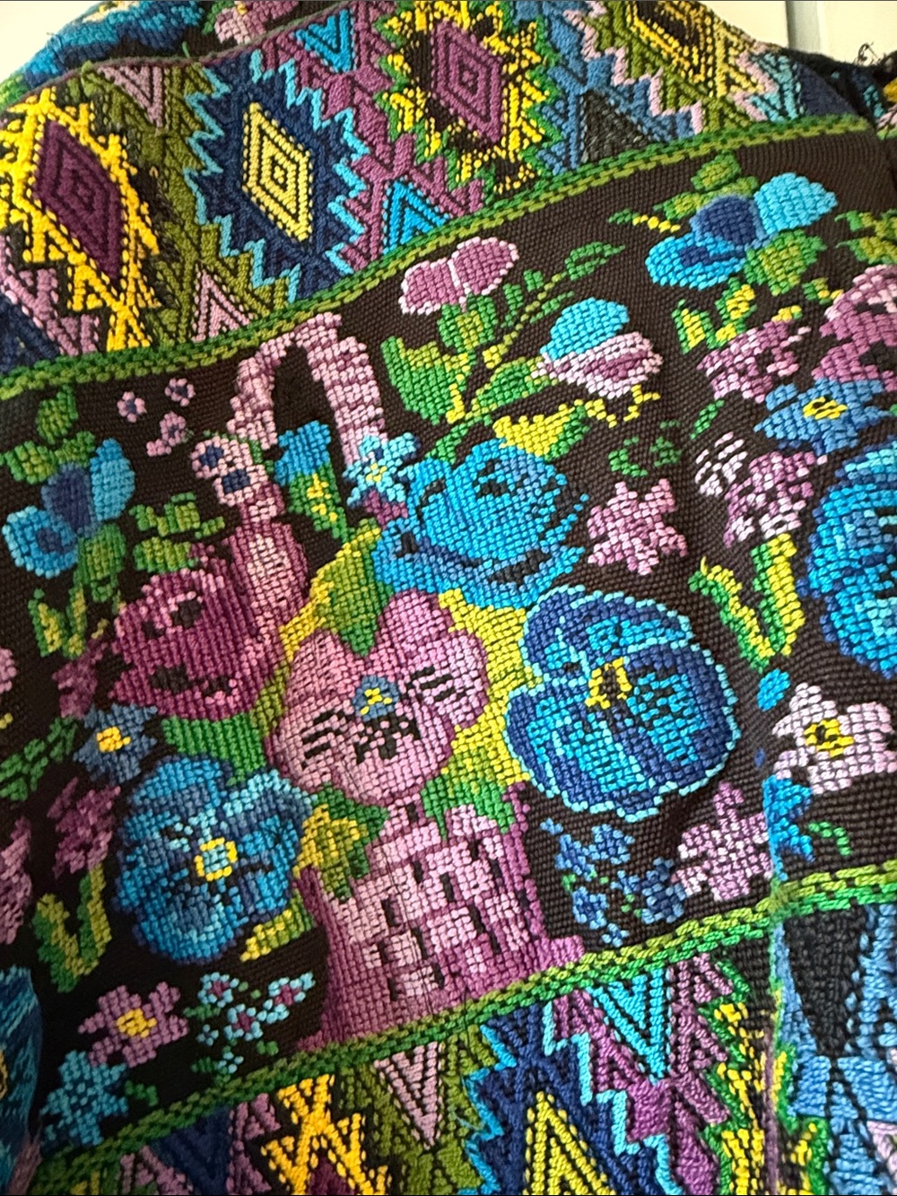Handmade Embroidered Poncho Cape Black Purple Blue Floral Unique Boho Artsy - Picture 2 of 9